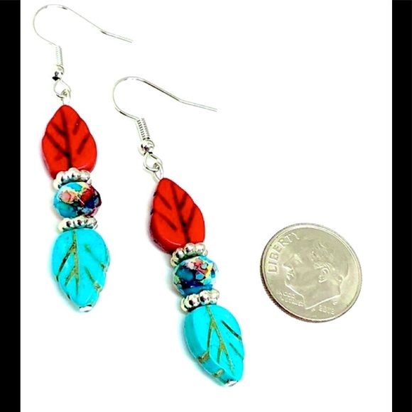 Hand Crafted | Jewelry | Turquoise Blue And Red Howlite Stone Leaf And ...